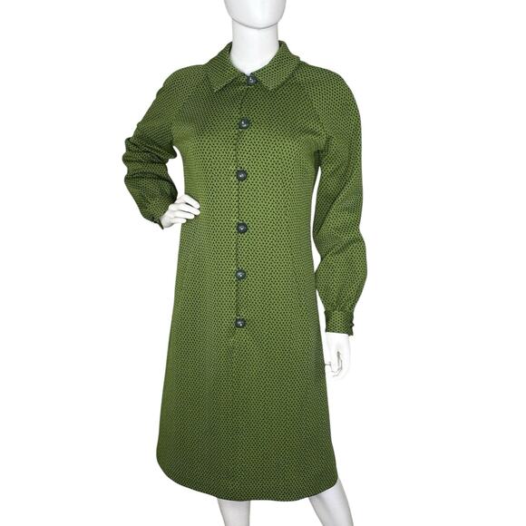 Vtg 70s Midi Dress Mod Double Knit Polyester Olive Green Size M Twee Grannycore - Picture 1 of 6